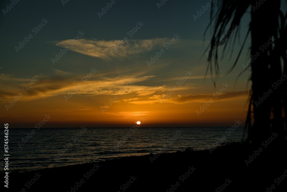 Dramatic sunset at the sea, the sun on the sea horizon, the cloudy sky shines in an intense gold orange, in the foreground in the shade palm leaves.
