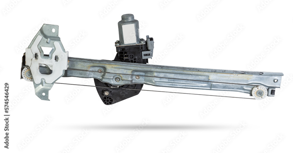 Electric window mechanism for a car on a white isolated background. Automotive spare parts catalog. Electric window mechanism for a car on a white isolated background. Automotive spare parts catalog.