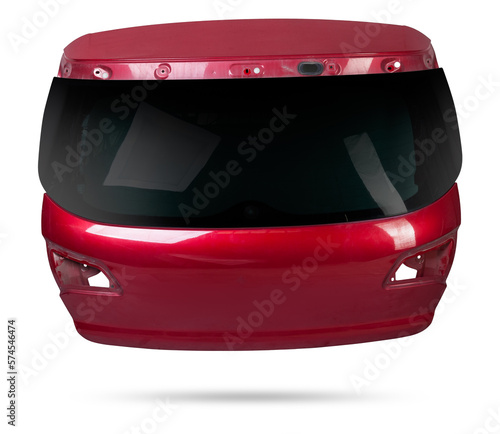 Red metallic boot lid reverse side with stiffeners on a white isolated background with a nameplate for installation on a car after an accident. Spare part for body repair trunk. photo