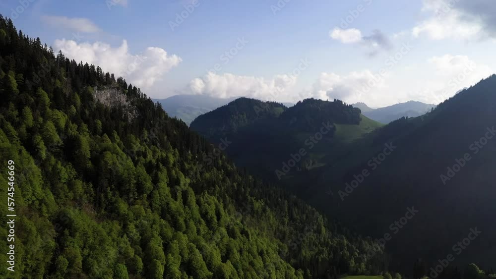 Mountain slopes covered in dense forest, aerial drone view