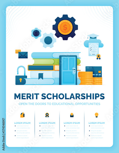 Vector illustration of merit based scholarships to open doors to educational opportunities. Unlocking potential for achieving success. Can use for ads, poster, campaign, website, apps, social media photo