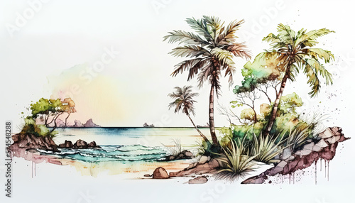 Tropical beach landscape - Summer - Watercolor - Generative AI Art