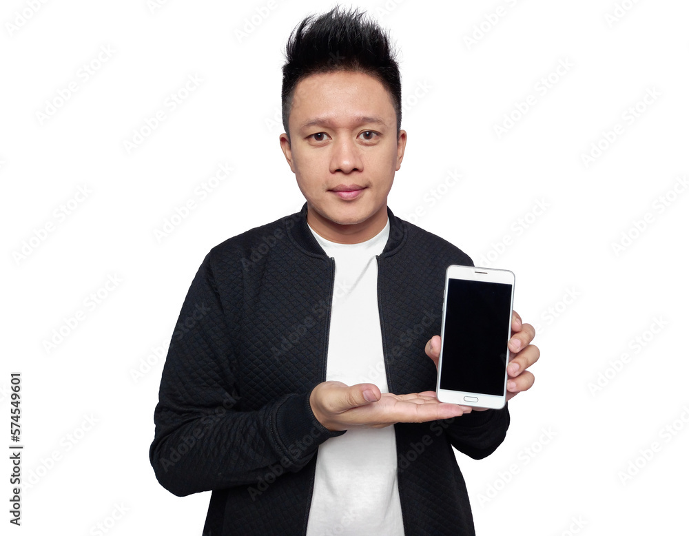Handsome man showing and presenting smart phone with open palm. Handsome man showing and presenting smart phone with open palm.