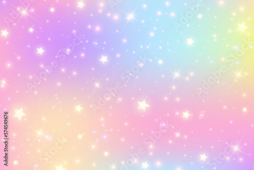Rainbow pastel background. Unicorn sky with glittering sky. Candy galaxy with watercolor light texture. Girly cute magic wallpaper. Holographic vector abstract illustration.