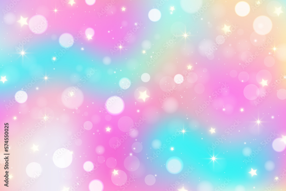 Rainbow unicorn fantasy background with stars and bokeh. Holographic illustration in pastel colors. Bright multicolored sky. Vector.