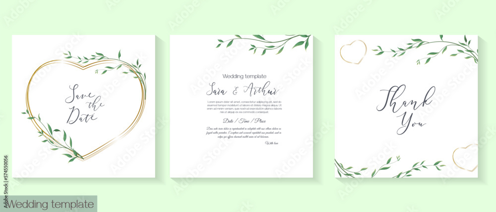 Vector template for wedding invitations. Delicate green twigs, gold frame in the shape of a heart. 
