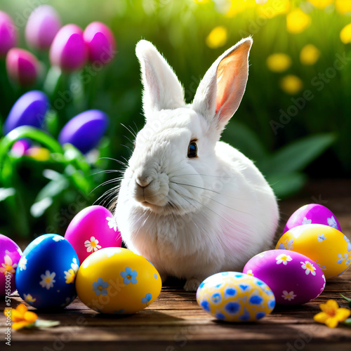 Easter bunny and colorful painted easter eggs in the garden. Blooming spring flowers in april. Generative AI.  © Kai Köpke
