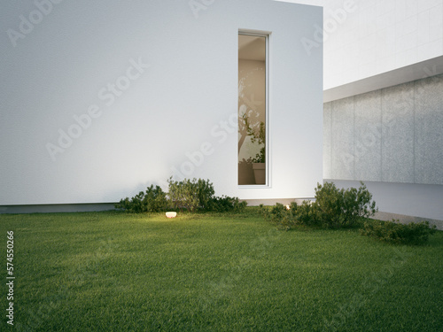 House with concrete terrace near empty grass floor. 3d rendering of green lawn in modern home.