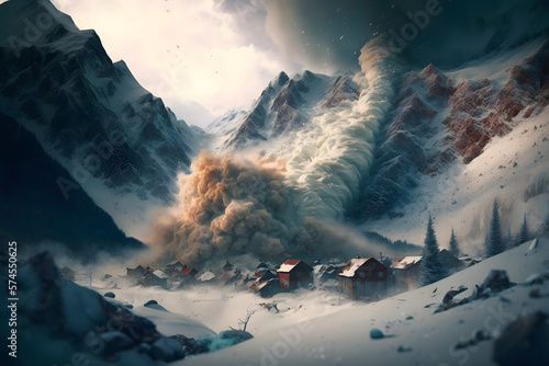 Collapse avalanche in the mountains on a group cluster village town, houses victims is covered by a powerful cloud of snow dust, a blizzard. Force of nature in the mountains. Generative AI