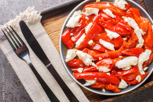 Esgarraet Red pepper and cod salad is a typical Valencian dish closeup on the plate on the wooden board. Horizontal top view from above photo