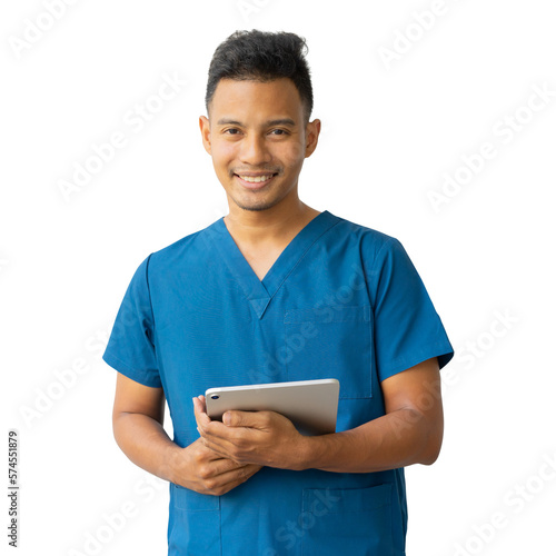 close up young asian nurse man smile and hold digital tablet for record of OPD isolated on transparent background for healthcare worker and png design concept	