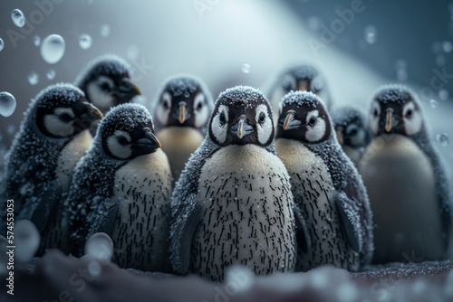 A colony of penguins huddling together on icy snow season