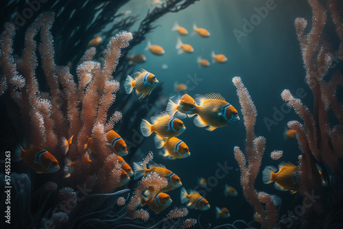  A school of fish swimming in a coral reef © alisaaa