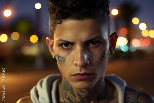 Member of youth gang portrait in the street city night lights, young mexican man with tattoos on face. Generative AI model