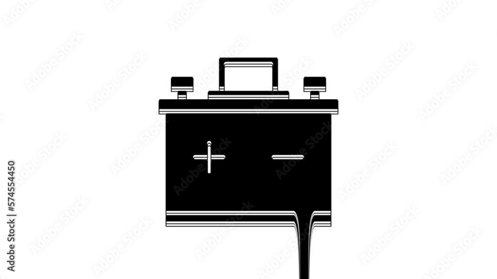 Black Car battery icon isolated on white background. Accumulator battery energy power and electricity accumulator battery. 4K Video motion graphic animation Black Car battery icon isolated on white background. Accumulator battery energy power and electricity accumulator battery. 4K Video motion graphic animation