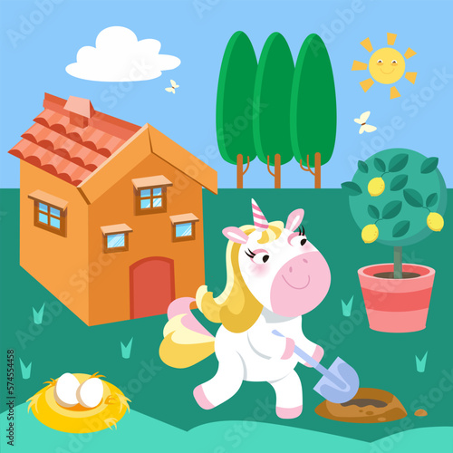 Cute unicorn in garden digging hole and replanting lemon tree. Cartoon character animal horse, scene for design worksheet. Vector illustration. 