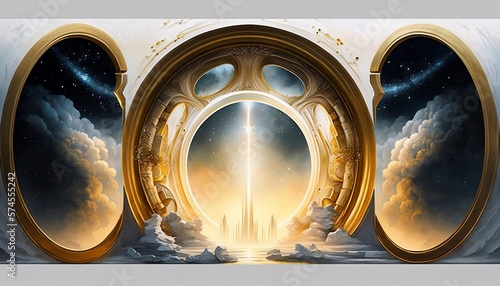 Cosmic Gateway: White and Gold Portal Surrounded by Galactic Gaseous