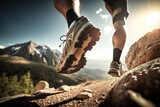 Hiking in the mountains. Athlete with sports shoes running on a trail, close up. Generative AI