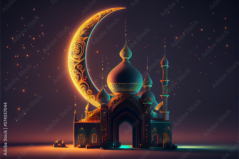 illustration of neon colors mosque with high minaret on the night . AI - obrazy, fototapety, plakaty 