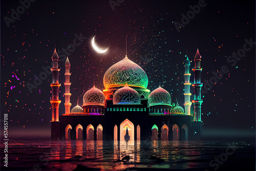 Photo illustration of neon colors mosque with high minaret on the night