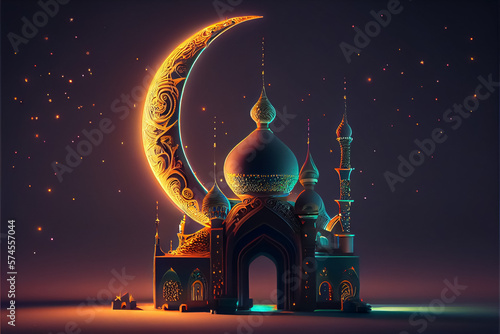Print op canvas illustration of neon colors mosque with high minaret on the night
