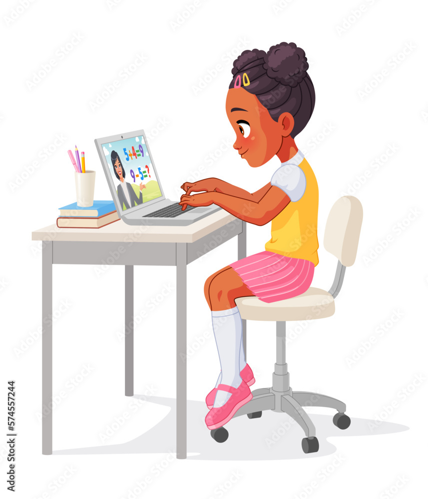 Cute little African school girl studying with laptop. Cartoon vector illustration.