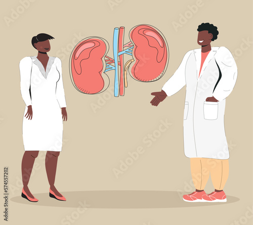 Nephrologist and nephropathy concept vector in doodle style. Tiny doctors on online conference. Pyelonephritis and kidney stones diseases are shown.