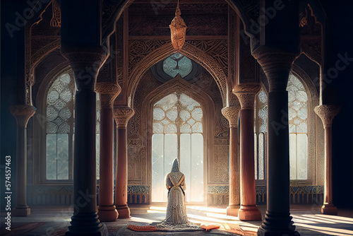 illustration of woman in hijab praying in the mosque . AI.