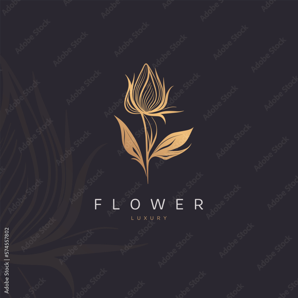 Luxury flower logo on a black background. Golden vector template motif. Luxury design elements. Great for fabric and textile, wallpaper, packaging or any desired idea.