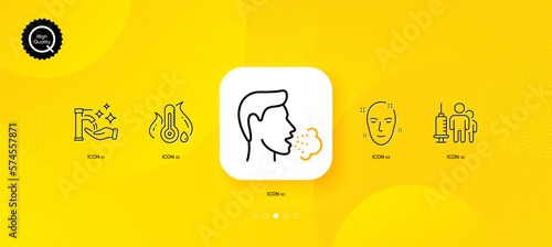 Health skin, Medical vaccination and Washing hands minimal line icons. Yellow abstract background. Fever temperature, Cough icons. For web, application, printing. Vector