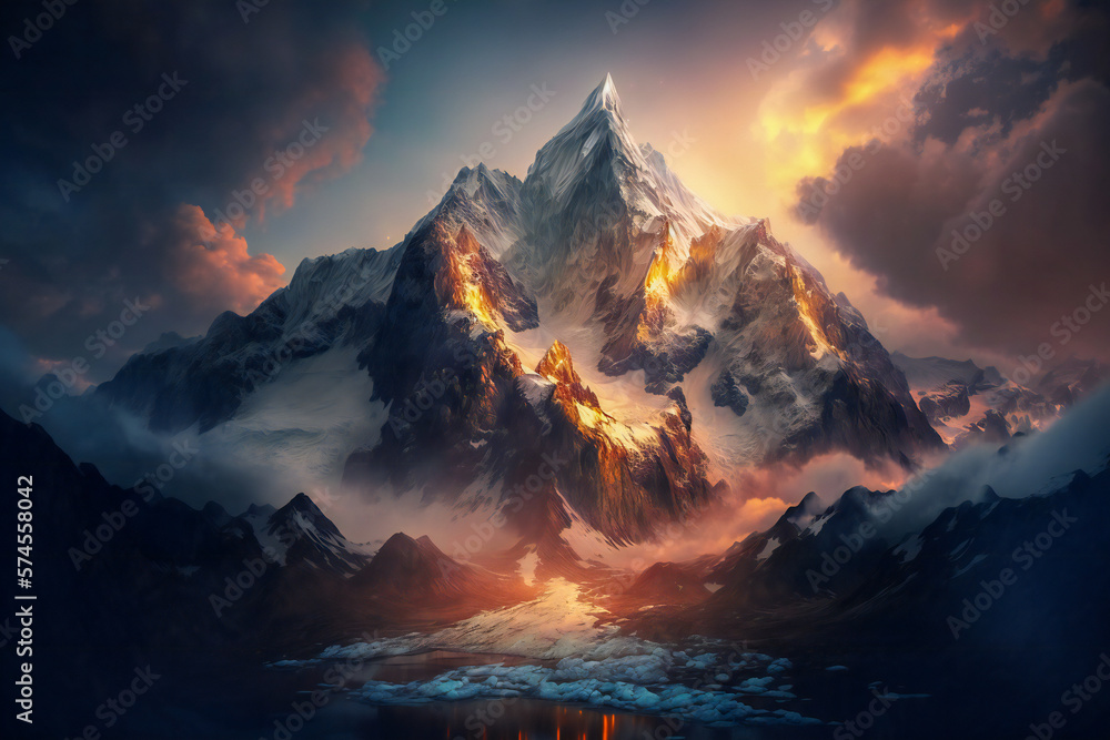 Mountains landscape under a beautiful lighting. Created with Generative AI technology.