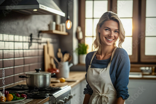 Smiling beautiful youg woman in a modern kitchen. Created with Generative AI technology.