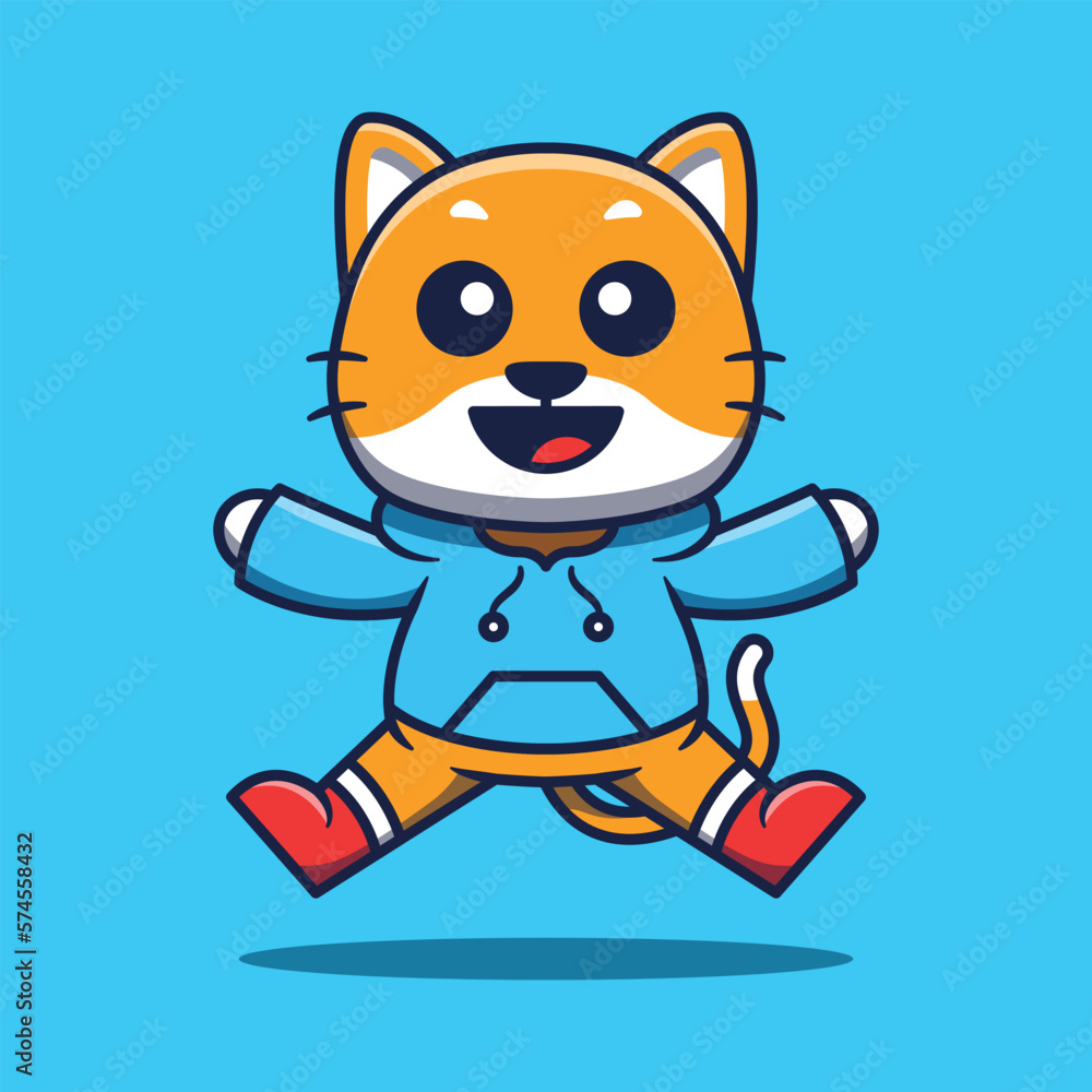 Cute Cat Mascot Wearing Jacket Jumping Cartoon Illustration.