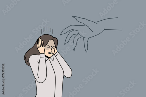 Huge monster hand stalk stressed businesswoman in fear and depression. Distressed female employee scared of big hand. Manipulation and authority in business. Vector illustration. 