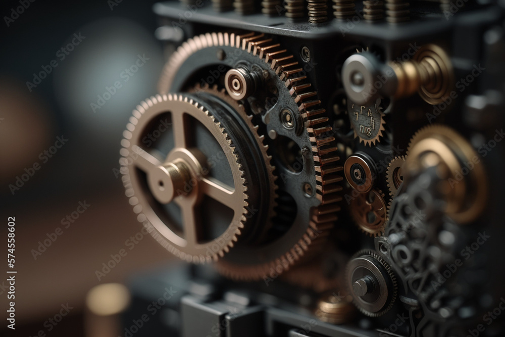 A close up of a complex mechanical device or machinery with gears and levers - obrazy, fototapety, plakaty 
