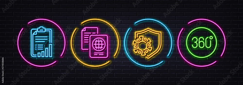 Coronavirus, Checklist and Passport document minimal line icons. Neon laser 3d lights. 360 degrees icons. For web, application, printing. Covid protection, Graph report, Id docs. Vector