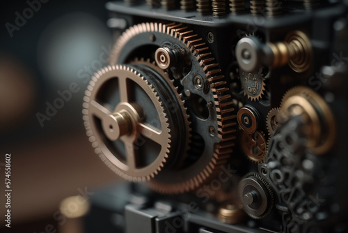 A close up of a complex mechanical device or machinery with gears and levers © alisaaa