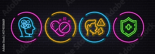 Medical pills, Cough and Stress minimal line icons. Neon laser 3d lights. Medical shield icons. For web, application, printing. Drugs, Flu symptom, Mind anxiety. Medicine protection. Vector