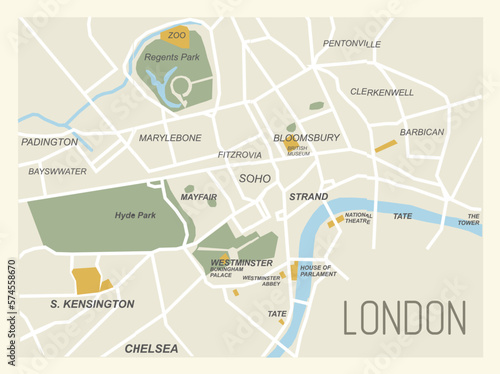 Decorative poster map of central London. Vector