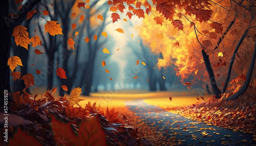 Beautiful autumn landscape with. Colorful foliage in the park. Falling leaves natural background generative ai