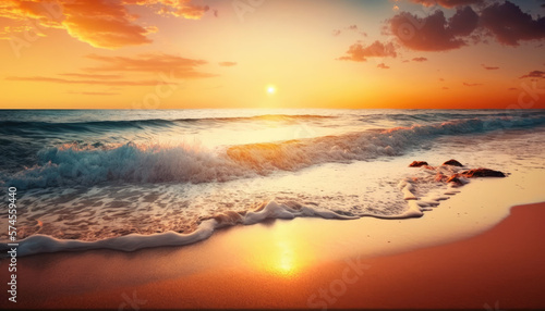 Closeup sea sand beach. Panoramic beach landscape. Inspire tropical beach seascape horizon. Orange and golden sunset sky calmness tranquil relaxing sunlight summer mood generative ai