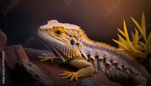 Closeup shot of a yellow Central bearded dragon on a stony surface generative ai