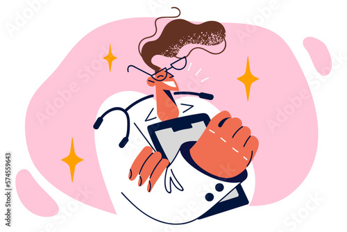 Happy woman nurse holds clipboard to record symptoms of patients who booked doctor consultation