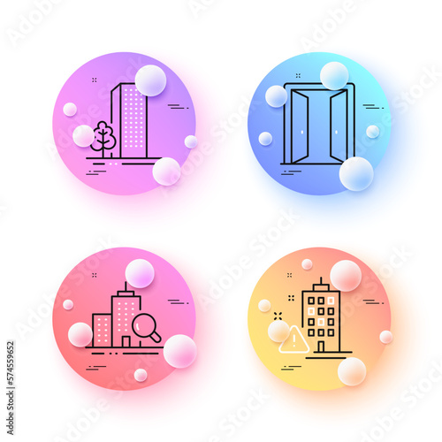 Building warning, Open door and Inspect minimal line icons. 3d spheres or balls buttons. Buildings icons. For web, application, printing. Inspection risk, Entrance, Search building. Vector