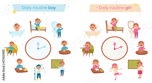 A happy girl and cute boy daily routine vector set. Scheduler with simple watches. Isolated on white background.