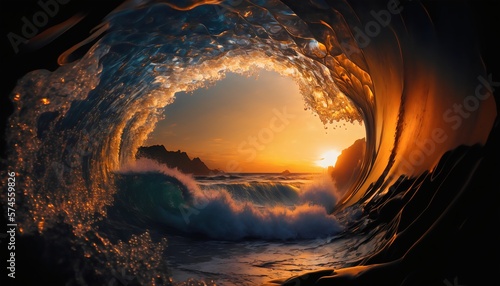 Wave tunnel golden hour ocean beach sun created with AI