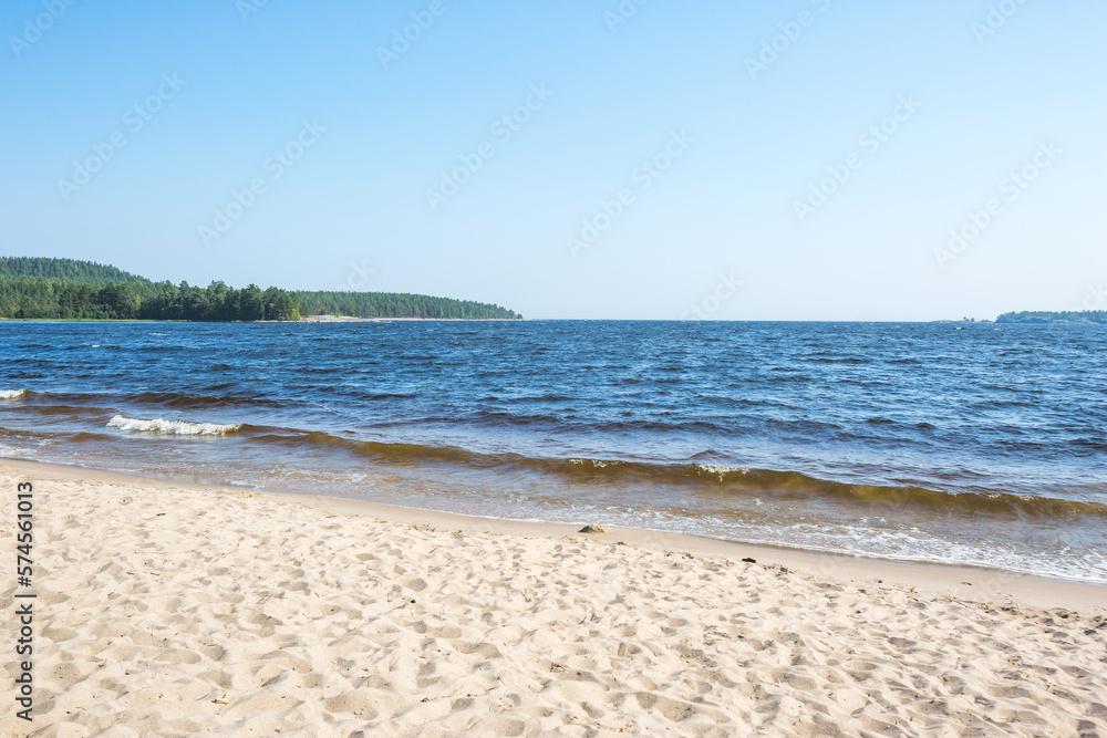 Sandy beach on the Koyonsaari Island. Ladoga Lake. Karelia Republic landscape, Russia