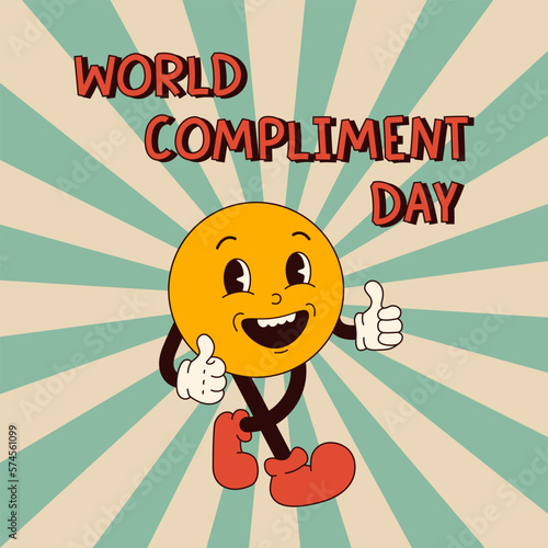 World compliment day concept. Retro groovy smiling character with thumbs up in 60s 70s cartoon flat style.