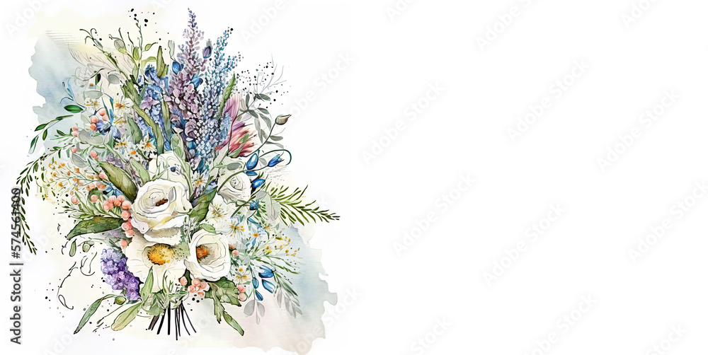 Spring flowers, bouquet of spring blossoms, bunch of fresh flowers, watercolor-style, delicate and beautiful illustration. Generative AI.