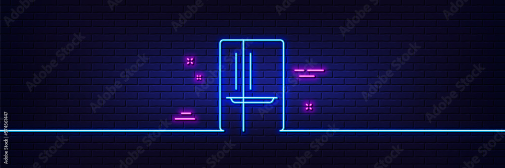 Neon light glow effect. Two-chamber refrigerator line icon. Fridge sign. Freezer storage symbol. 3d line neon glow icon. Brick wall banner. Refrigerator outline. Vector Neon light glow effect. Two-chamber refrigerator line icon. Fridge sign. Freezer storage symbol. 3d line neon glow icon. Brick wall banner. Refrigerator outline. Vector